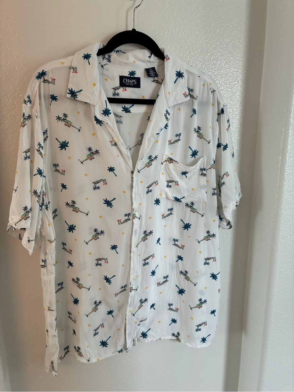 Chaps White Short-Sleeve Tropical Palm Print Button-Down Shirt